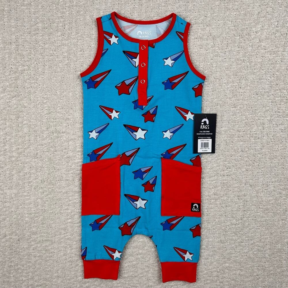 Rags to Raches Boys Romper 2T Blue Shooting Star Stretch Patriotic Tank